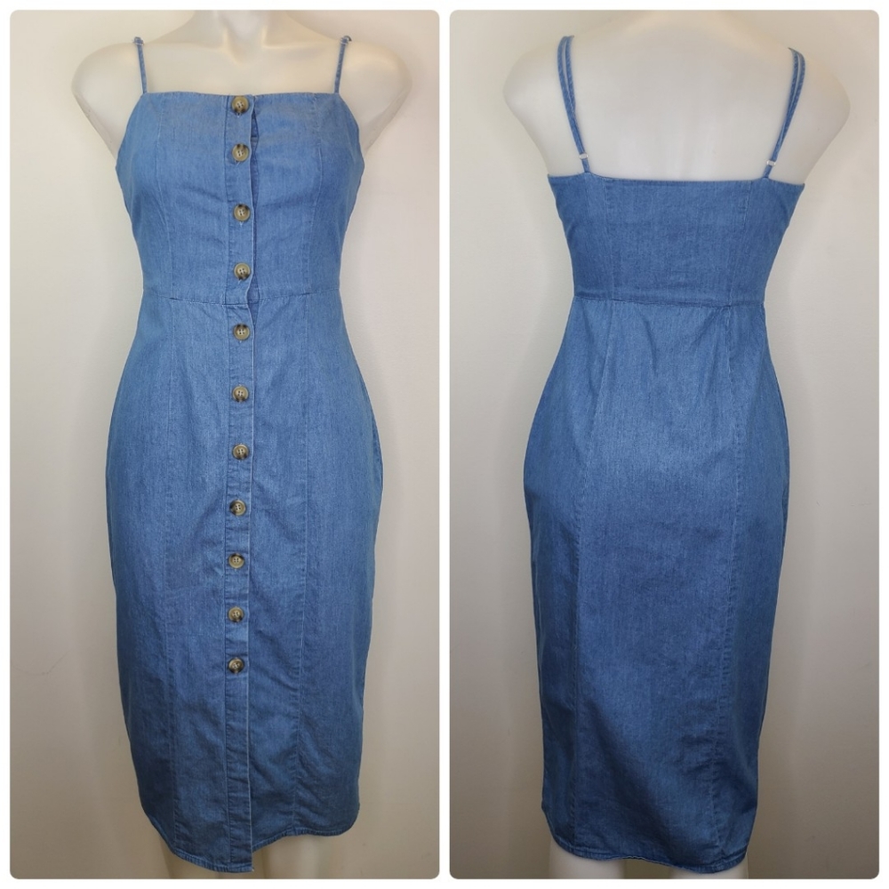 L'ATISTE Blue Denim Midi Dress with Front Buttons